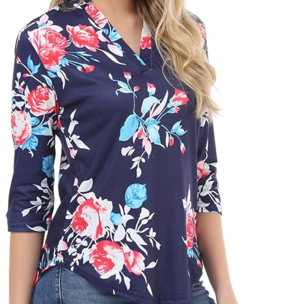 New Women Paisley Floral Print V Neck 3/4 Sleeve Tunic Tops -XLL